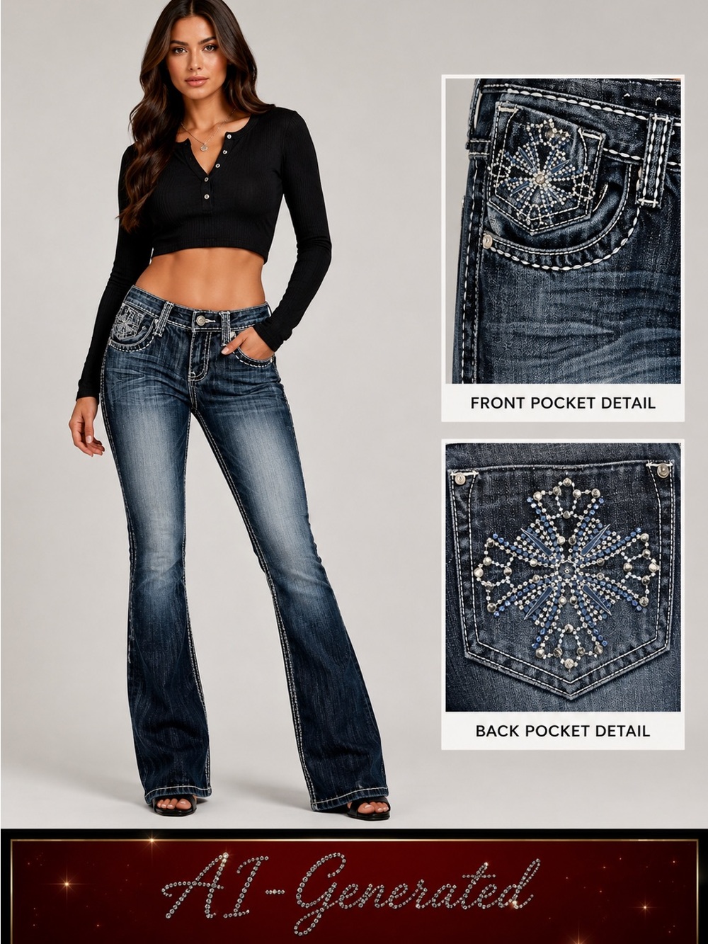 Petrol Alex Boot Cut Dark Blue Jeans White Stitching Low Rise Rhinestone Design